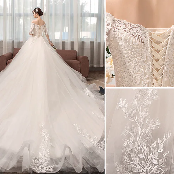Élégant Champagne Robe De Mariée 2019 Princesse De l'épaule En Dentelle Fleur Paillettes 1/2 Manches Dos Nu Royal Train