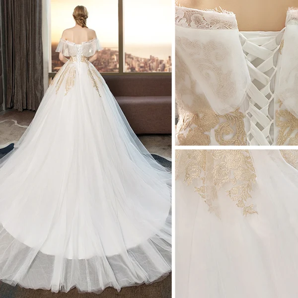 Modern / Fashion Ivory Wedding Dresses 2019 Ball Gown Off-The-Shoulder Lace Flower Short Sleeve Backless Cathedral Train