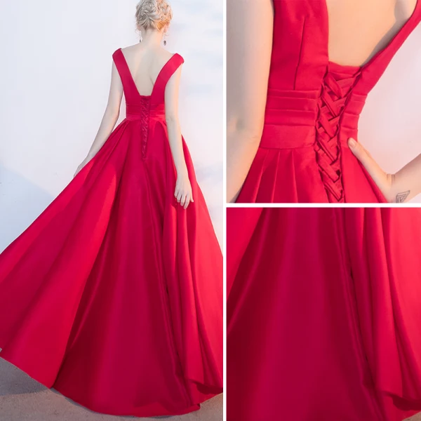 Chic / Beautiful Red Evening Dresses 2017 A-Line / Princess V-Neck Crossed Straps Backless Sleeveless Floor-Length / Long Evening Party