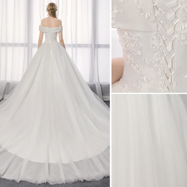 Elegant Ivory Wedding Dresses 2019 A-Line / Princess Off-The-Shoulder Lace Backless Short Sleeve Flower Cathedral Train