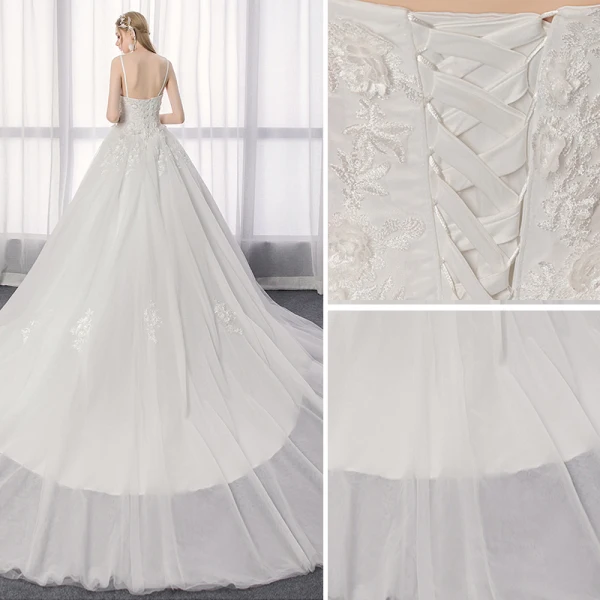 Élégant Ivoire Robe De Mariée 2019 Princesse Bretelles Spaghetti En Dentelle Fleur Sans Manches Dos Nu Royal Train