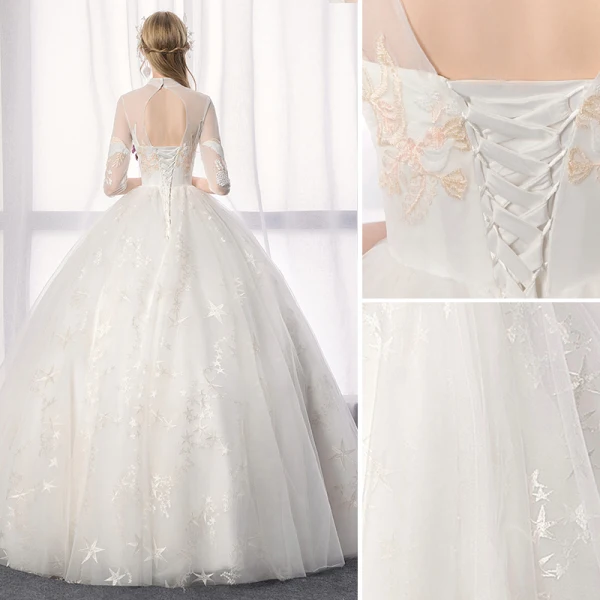 Chinese style Ivory Wedding Dresses 2019 A-Line / Princess High Neck Lace Flower Sequins 1/2 Sleeves Backless Floor-Length / Long