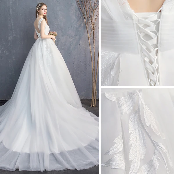 Schöne Weiß Brautkleider / Hochzeitskleider 2019 A Linie V-Ausschnitt Spitze Blumen Ärmellos Rückenfreies Kathedrale Schleppe
