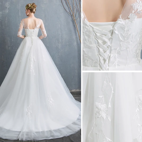 Schöne Ivory / Creme Brautkleider / Hochzeitskleider 2019 A Linie Durchsichtige Rundhalsausschnitt Spitze Blumen 1/2 Ärmel Rückenfreies Kapelle-Schleppe