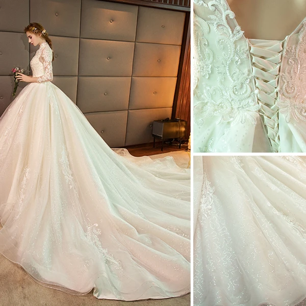 Elegant Champagne Wedding Dresses 2019 A-Line / Princess High Neck Lace Flower 3/4 Sleeve Backless Royal Train