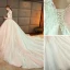 Elegant Champagne Wedding Dresses 2019 A-Line / Princess High Neck Lace Flower 3/4 Sleeve Backless Royal Train