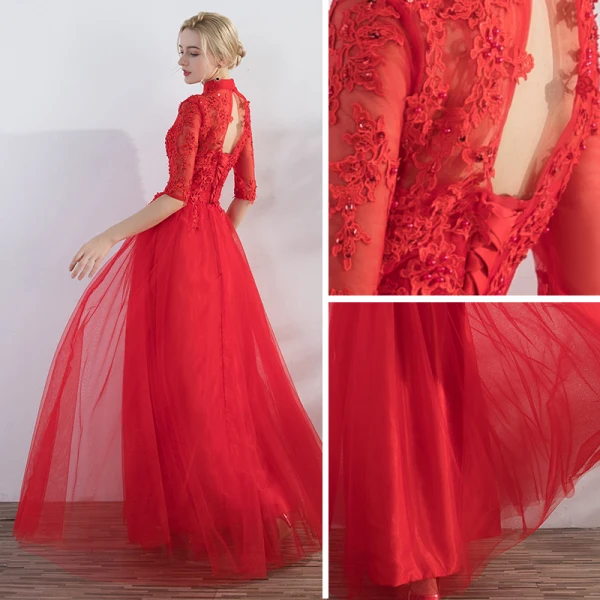 Chic / Beautiful Red Evening Dresses 2017 A-Line / Princess Lace Flower Appliques Beading High Neck Backless Crossed Straps 3/4 Sleeve Floor-Length / Long Evening Party