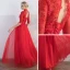 Chic / Beautiful Red Evening Dresses  2017 A-Line / Princess Lace Flower Appliques Beading High Neck Backless Crossed Straps 3/4 Sleeve Floor-Length / Long Evening Party