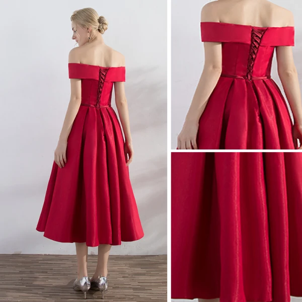 Chic / Beautiful Red Homecoming Graduation Dresses 2017 A-Line / Princess Pleated Off-The-Shoulder Sleeveless Crossed Straps Tea-length