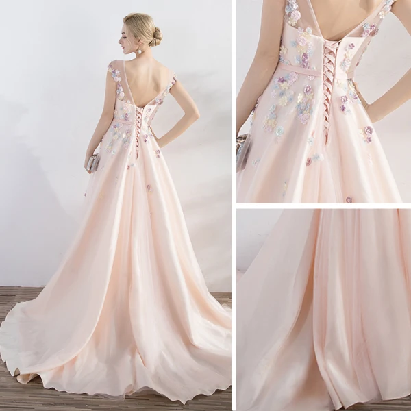 Elegant Pearl Pink Evening Dresses 2017 A-Line / Princess Artificial Flowers Pearl Bow Scoop Neck Crossed Straps Backless Sleeveless Court Train Evening Party