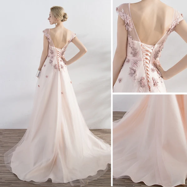 Elegante Pearl Rosa Abendkleider 2017 A Linie Mit Spitze Blumen Perle Schleife V-Ausschnitt Rückenfreies Gekreuzte Träger Ärmellos Hof-Schleppe Abend
