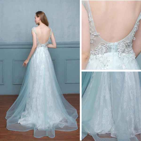 Chic / Beautiful Pool Blue Evening Dresses 2017 A-Line / Princess Lace Sequins Flower Scoop Neck Zipper Up Sleeveless Floor-Length / Long Evening Party