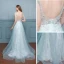 Chic / Beautiful Pool Blue Evening Dresses  2017 A-Line / Princess Lace Sequins Flower Scoop Neck Zipper Up Sleeveless Floor-Length / Long Evening Party