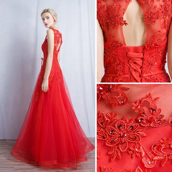 Chic / Beautiful Red Evening Dresses 2017 A-Line / Princess Lace Flower Square Neckline Sleeveless Crossed Straps Floor-Length / Long Evening Party
