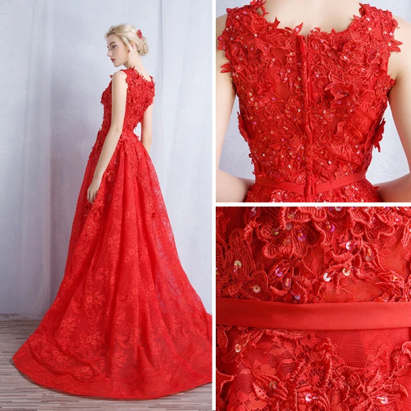 Chic / Beautiful Red Evening Dresses 2017 A-Line / Princess Appliques Lace Flower Sequins Scoop Neck Zipper Up Sleeveless Evening Party