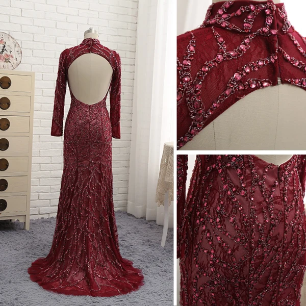 Unika Burgundy Aftonklänningar 2017 Trumpet / Sjöjungfru Beading Hög Hals Halterneck Långärmad Svep Tåg Afton