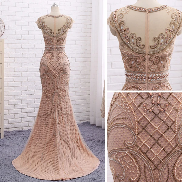 Amazing / Unique Champagne Evening Dresses 2017 Trumpet / Mermaid Beading Scoop Neck Zipper Up Short Sleeve Sweep Train Evening Party