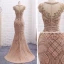 Amazing / Unique Champagne Evening Dresses  2017 Trumpet / Mermaid Beading Scoop Neck Zipper Up Short Sleeve Sweep Train Evening Party