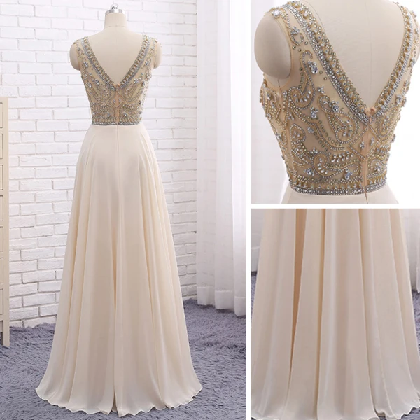 Chic / Beautiful Champagne Evening Dresses  2017 A-Line / Princess Beading Ruffle Scoop Neck Zipper Up Backless Sleeveless Floor-Length / Long Evening Party