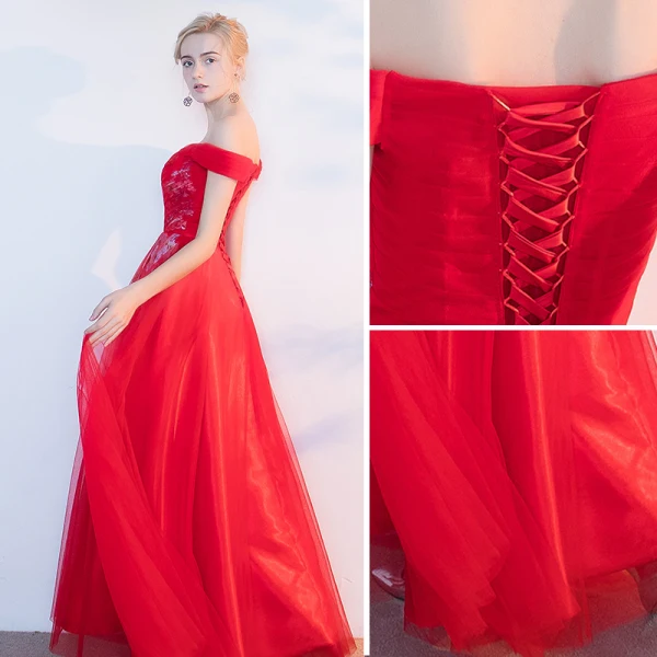 Chic / Beautiful Red Evening Dresses 2017 A-Line / Princess Appliques Beading Backless Crossed Straps Off-The-Shoulder Sleeveless Floor-Length / Long Evening Party