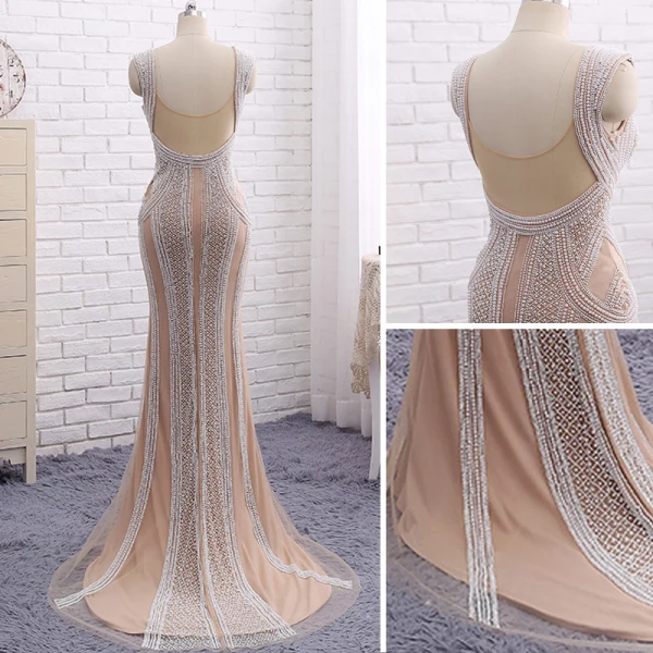 Amazing / Unique Champagne Evening Dresses 2017 Trumpet / Mermaid Beading Pearl V-Neck Backless Sleeveless Sweep Train Evening Party