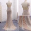 Amazing / Unique Champagne Evening Dresses  2017 Trumpet / Mermaid Beading Pearl V-Neck Backless Sleeveless Sweep Train Evening Party