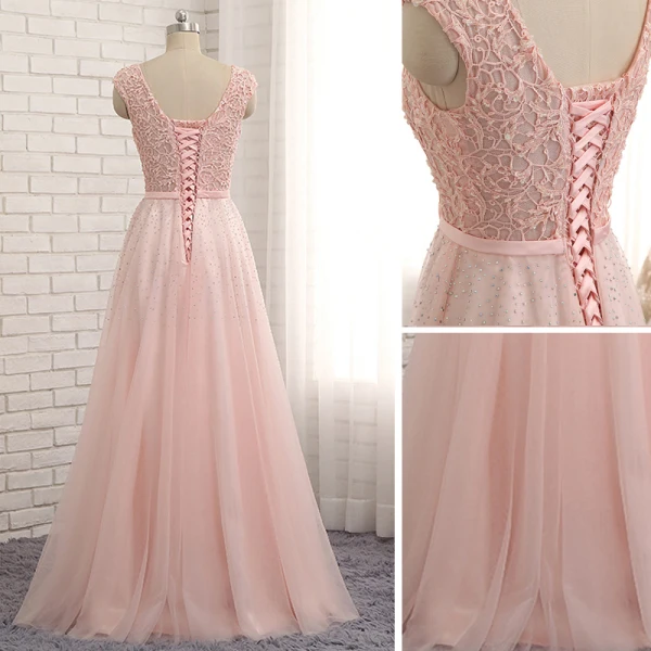 Chic / Beautiful Candy Pink Evening Dresses  2017 A-Line / Princess Lace Bow Rhinestone V-Neck Backless Sleeveless Floor-Length / Long Evening Party
