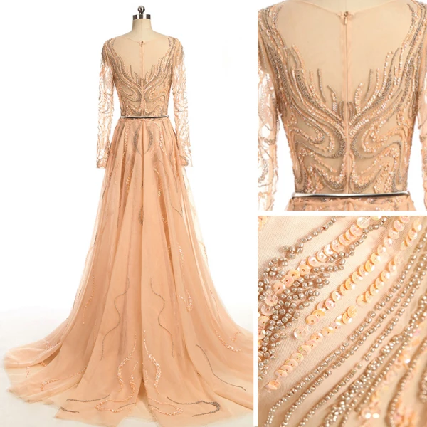 Amazing / Unique Champagne Evening Dresses  2017 Trumpet / Mermaid Sequins Beading Bow Scoop Neck Long Sleeve Sweep Train Evening Party
