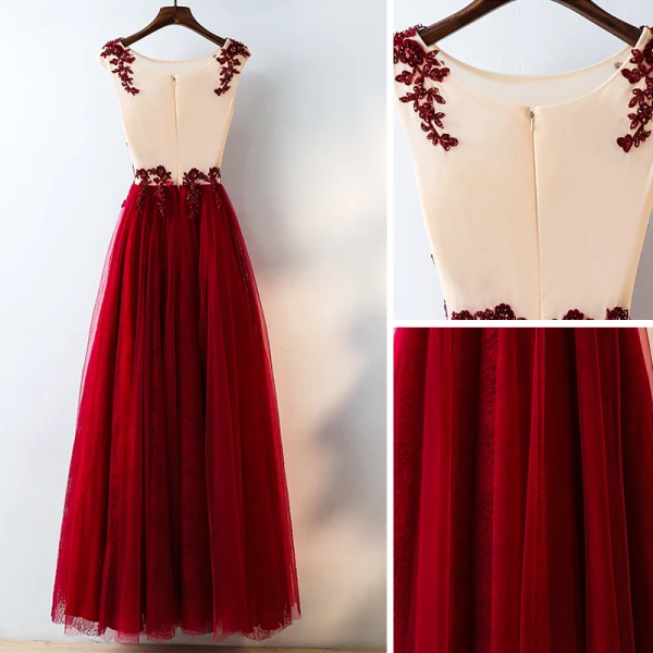 Chic / Beautiful Red Evening Dresses 2017 A-Line / Princess Lace Flower Crystal Artificial Flowers Scoop Neck Sleeveless Ankle Length Evening Party
