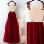 Chic / Beautiful Red Evening Dresses  2017 A-Line / Princess Lace Flower Crystal Artificial Flowers Scoop Neck Sleeveless Ankle Length Evening Party