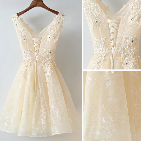 Chic / Beautiful Champagne Homecoming Graduation Dresses 2017 A-Line / Princess Lace Flower Backless Rhinestone V-Neck Sleeveless Short