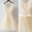 Chic / Beautiful Champagne Homecoming Graduation Dresses 2017 A-Line / Princess Lace Flower Backless Rhinestone V-Neck Sleeveless Short