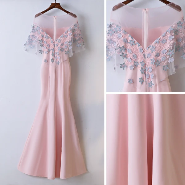 Chic / Beautiful Blushing Pink Evening Dresses 2017 Trumpet / Mermaid Lace Flower Artificial Flowers Scoop Neck Zipper Up 1/2 Sleeves Ankle Length Evening Party
