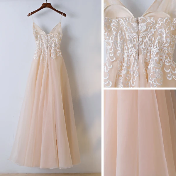 Chic / Belle Champagne Robe De Soirée 2017 Princesse En Dentelle Fleur V-Cou Fermeture éclair Sans Manches Longueur Cheville Soirée