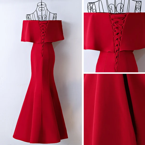 Schöne Rot Abendkleider Mermaid 2017 Off Shoulder Kurze Ärmel Knöchellänge Abend