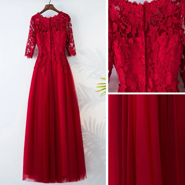 Chic / Beautiful Red Evening Dresses 2017 A-Line / Princess Lace Flower Scoop Neck Zipper Up 3/4 Sleeve Ankle Length Evening Party