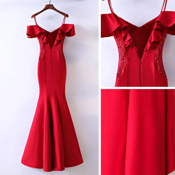 Sexy Red Evening Dresses 2017 Trumpet / Mermaid Lace Flower Crystal Sequins Zipper Up Off-The-Shoulder Spaghetti Straps Short Sleeve Ankle Length Evening Party