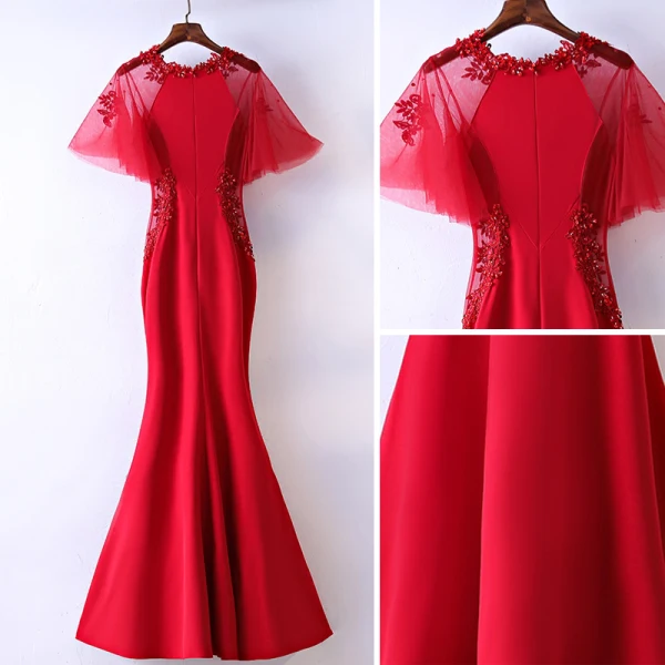Chic / Beautiful Red Evening Dresses 2017 Trumpet / Mermaid Flower Lace Sequins Beading Scoop Neck Zipper Up Short Sleeve Ankle Length Evening Party