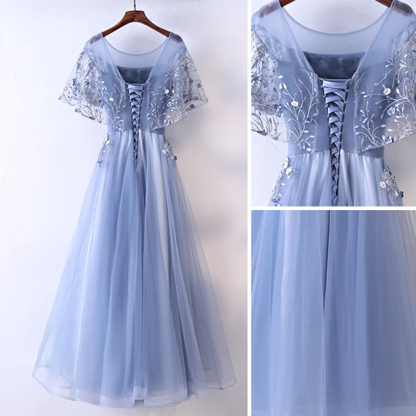 Chic / Beautiful Ocean Blue Evening Dresses 2017 A-Line / Princess Beading Pearl Lace Flower Scoop Neck Backless Short Sleeve Ankle Length Evening Party