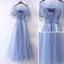 Chic / Beautiful Ocean Blue Evening Dresses  2017 A-Line / Princess Beading Pearl Lace Flower Scoop Neck Backless Short Sleeve Ankle Length Evening Party