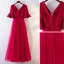 Chic / Beautiful Red Evening Dresses  2017 A-Line / Princess Lace Flower V-Neck Backless 1/2 Sleeves Ankle Length Evening Party