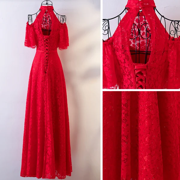 Chic / Belle Rouge Robe De Soirée 2017 Princesse En Dentelle Noeud Col Haut Bustier Dos Nu Manches Courtes Longueur Cheville Soirée