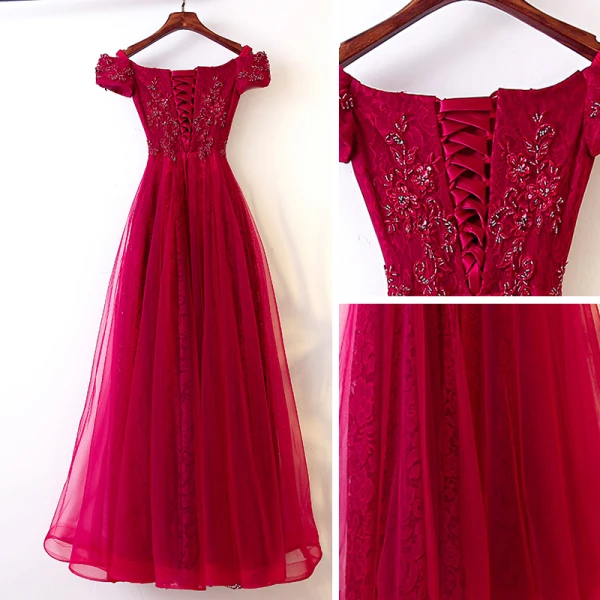 Chic / Belle Rouge Robe De Soirée 2017 Princesse Dentelle Perlage De l'épaule Dos Nu Manches Courtes Longueur Cheville Soirée