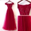Chic / Belle Rouge Robe De Soirée 2017 Princesse Dentelle Perlage De l'épaule Dos Nu Manches Courtes Longueur Cheville Soirée