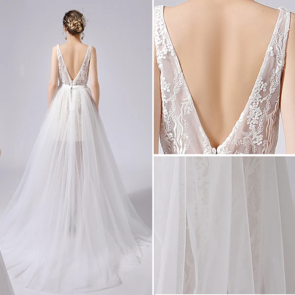 Schlicht Champagner Brautkleider / Hochzeitskleider 2021 A Linie V-Ausschnitt Ärmellos Rückenfreies Spitze Blumen Sweep / Pinsel Zug Hochzeit