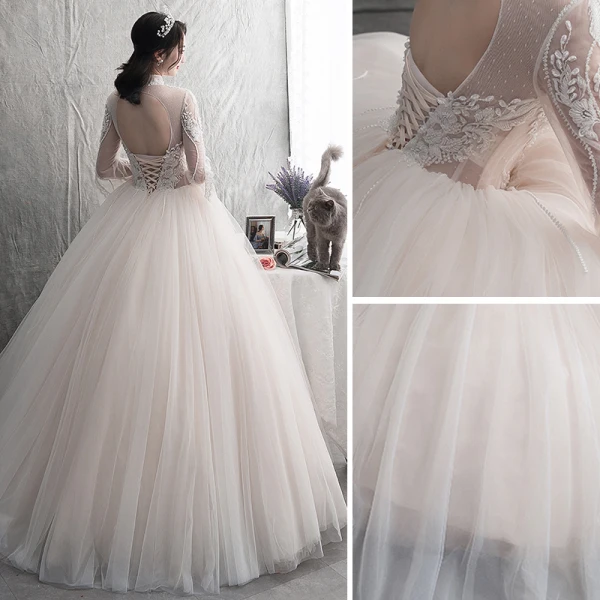 Élégant Champagne Robe De Mariée 2019 Princesse Encolure Dégagée En Dentelle Fleur Dos Nu Manches Longues Plissée Longue Mariage