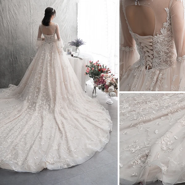 Modern / Fashion Champagne Wedding Dresses 2019 A-Line / Princess Scoop Neck Lace Flower Appliques Butterfly Long Sleeve Backless Royal Train