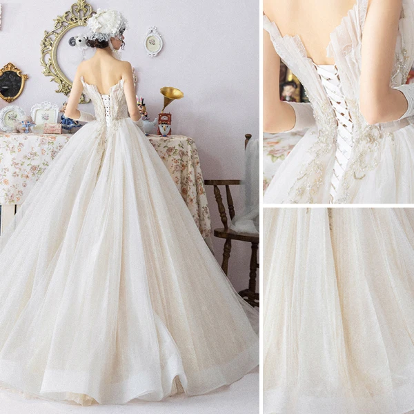 Modern / Fashion Champagne Wedding Dresses 2019 A-Line / Princess Pleated Amazing / Unique Strapless Beading Lace Flower Sleeveless Backless Floor-Length / Long