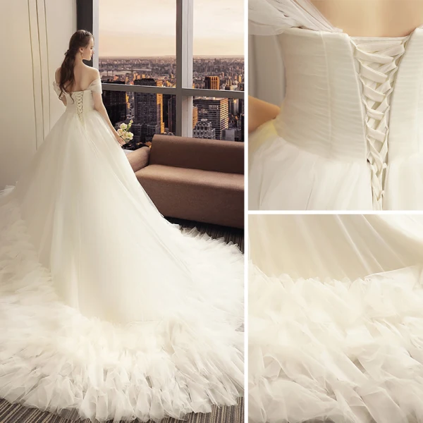 Elegant Ivory Wedding Dresses 2019 A-Line / Princess Sleeveless Leaf Appliques Off-The-Shoulder Backless Ruffle Cathedral Train Wedding