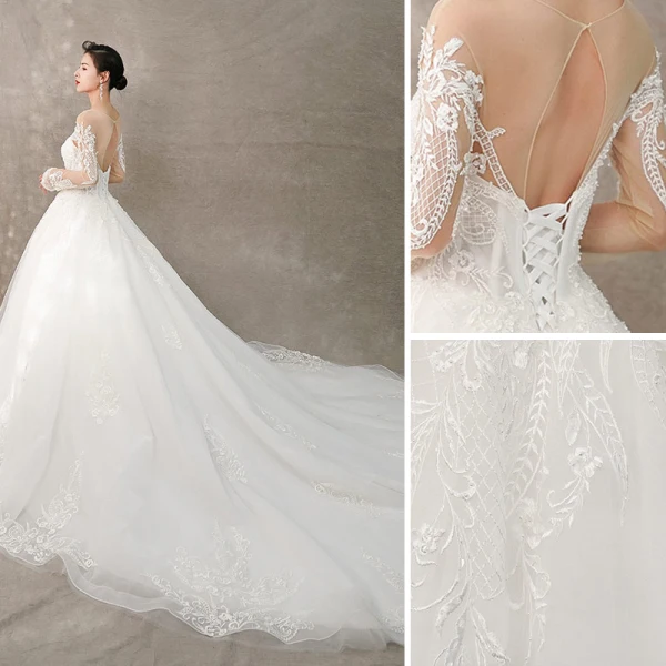 Élégant Ivoire Robe De Mariée 2019 Princesse Encolure Dégagée En Dentelle Fleur Manches Longues Dos Nu Cathedral Train